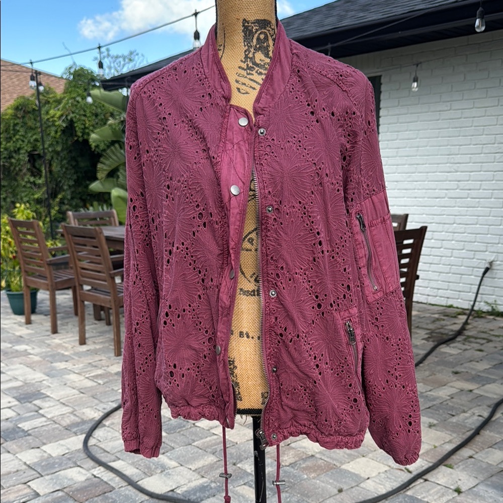 Free People Burgundy Eyelet Floral Bomber Jacket Size Medium